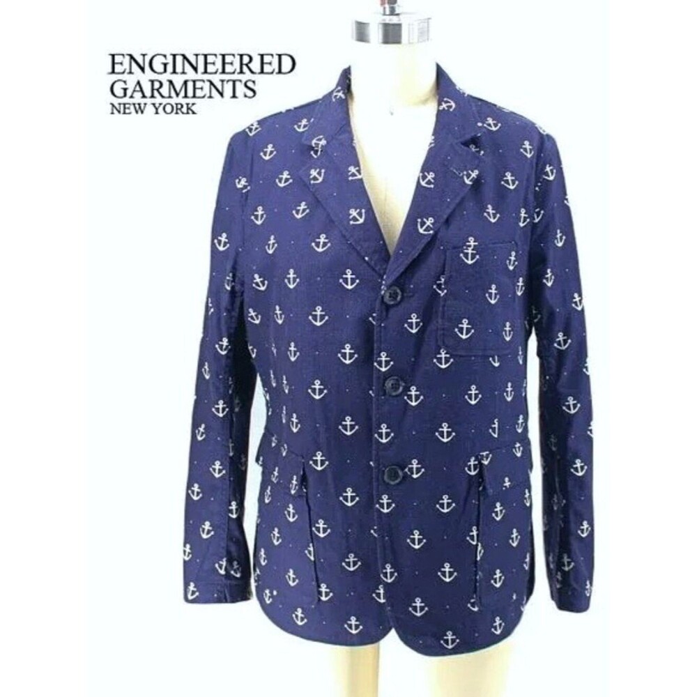 Engineered Garments Baker Jacket Blue Nautical Anchor Print Light Blazer SZ 3 L